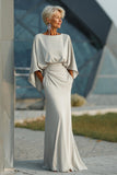 Silver Sheath 3/4 Sleeves Long Mother of the Bride Dress with Pockets