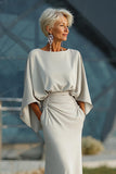 Silver Sheath 3/4 Sleeves Long Mother of the Bride Dress with Pockets