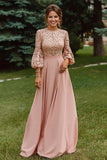 Dusty Rose A-Line Lace Long Mother of the Bride Dress with 3/4 Sleeves