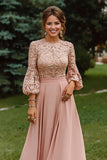 Dusty Rose A-Line Lace Long Mother of the Bride Dress with 3/4 Sleeves