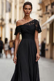 Black One Shoulder Ruched Long Mother of the Bride Dress with Lace