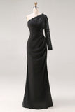 Black One Shoulder Mermaid Plus Size Mother Of The Bride Dress with Lace