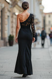 Black One Shoulder Mermaid Long Mother of the Bride Dress with Lace