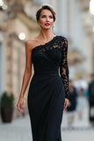 Black One Shoulder Mermaid Long Mother of the Bride Dress with Lace