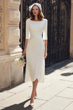 Ivory Boat Neck Midi Engagement Dress with Sleeves
