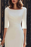 Ivory Boat Neck Midi Engagement Dress with Sleeves
