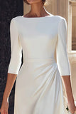 Ivory Sheath Satin Bateau Neck Long Engagement Dress with Sleeves
