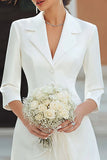 Ivory Notched Lapel A Line Short Courthouse Wedding Dress with Sleeves