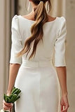 Ivory Boat Neck Engagement Dress with Sleeves
