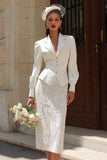 Ivory 2 Piece Notched Lapel Long Sleeves Midi Engagement Dress