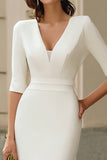 Ivory Bodycon V-Neck Half Sleeve Midi Egagement Dress