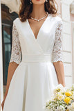 Ivory V-Neck A Line Tea Length Engagement Dress with Lace