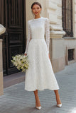 Ivory Lace A Line Tea Length Engagement Dress