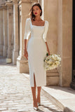 Ivory Bodycon Square Neck Tea Length Engagement Dress with Slit