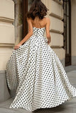 White Black A Line Strapless Polka Dots Long Prom Dress with Slit