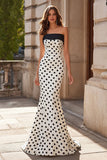 Strapless White Black Mermaid Polka Dots Long Prom Dress