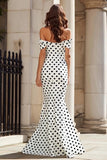 Off the Shoulder White Black Mermaid Polka Dots Long Prom Dress with Bow