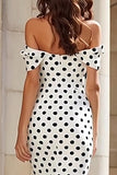 Off the Shoulder White Black Mermaid Polka Dots Long Prom Dress with Bow