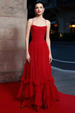 A Line Ruched Spaghetti Straps Long Red Carpet Dress with Ruffles