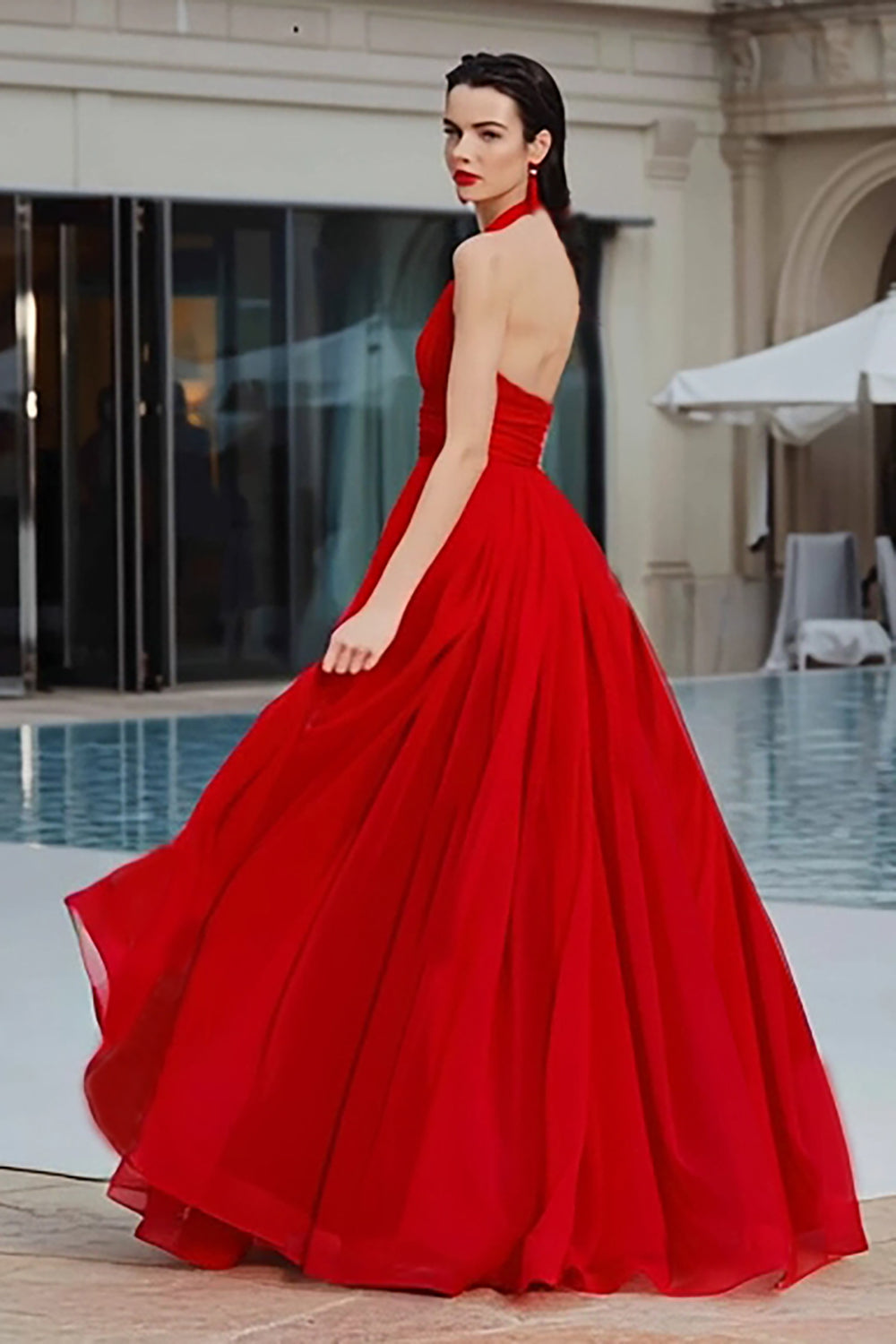 A Line Halter Pleated Tulle Backless Long Red Carpet Dress A Line Halter Pleated Tulle Backless Long Red Carpet Dress