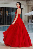 A Line Halter Pleated Tulle Backless Long Red Carpet Dress