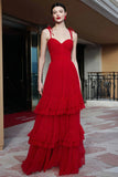 A Line Spaghetti Straps Corset Tiered Ruffle Long Red Carpet Gowns