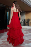 A Line Spaghetti Straps Corset Tiered Ruffle Long Red Carpet Gowns