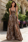 Brown Leopard Square Neck A Line Prom Dress