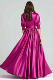 Fuchsia Satin Half Sleeves A Line Long Formal Dress