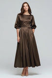 Coffee Boat Neck Satin Midi Formal Dress