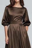 Coffee Boat Neck Satin Midi Formal Dress