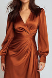 Rust Satin A Line V-Neck Midi Formal Dress