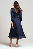 Navy Satin V Neck Ruched Long Sleeves Formal Dress
