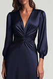 Navy Satin V Neck Ruched Long Sleeves Formal Dress