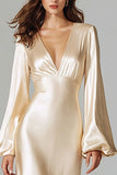 Champagne V-Neck Satin Sheath Long Formal Dress