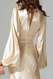 Champagne V-Neck Satin Sheath Long Formal Dress