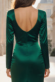 Dark Green Satin Sheath V-Neck Long Formal Dress with Slit