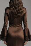 Coffee Satin Sheath Long Sleeves Formal Dress with Lace