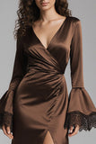 Coffee Satin V-Neck Long Sheath Formal Dress with Slit