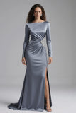 Dusty Blue Satin Sheath Long Sleeves Formal Dress with Rhinestones