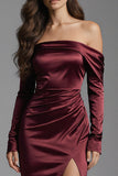 Burgundy Sheath Off the Shoulder Satin Long Formal Dress with Slit