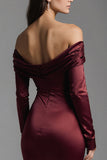 Burgundy Sheath Off the Shoulder Satin Long Formal Dress with Slit