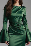 Dark Green Satin Bateau Neck Sheath Long Formal Dress