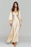 Champagne Satin V-Neck A Line Long Formal Dress