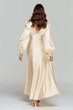 Champagne Satin V-Neck A Line Long Formal Dress