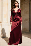 Burgundy Satin V-Neck Long Sleeves Formal Dress