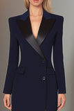 Navy Peak Lapel Sheath Long Sleeve Blazer Dress
