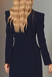 Navy Peak Lapel Sheath Long Sleeve Blazer Dress
