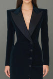 Navy Peak Lapel Single-Breasted Blazer Dress with Slit