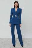 Dark Blue 2 Piece Notched Lapel Women's Business Suits with Belt